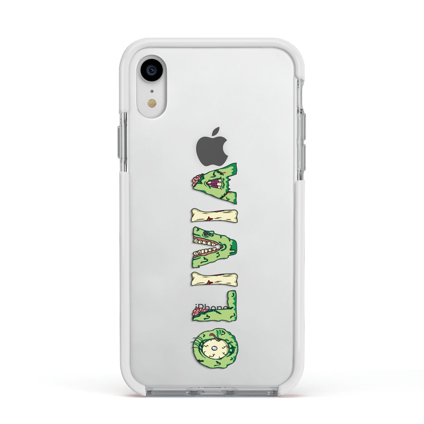 Customised Name Zombie Apple iPhone XR Impact Case White Edge on Silver Phone
