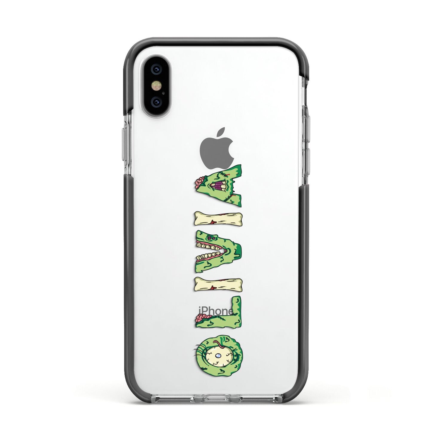 Customised Name Zombie Apple iPhone Xs Impact Case Black Edge on Silver Phone