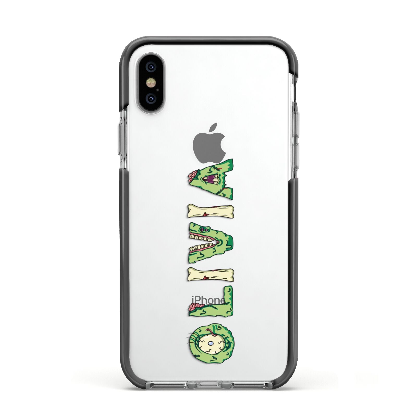 Customised Name Zombie Apple iPhone Xs Impact Case Black Edge on Silver Phone
