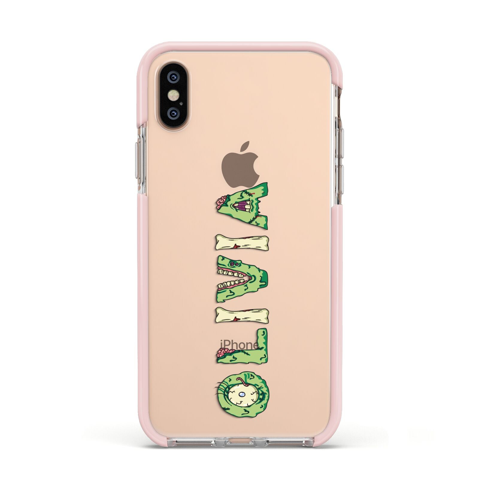 Customised Name Zombie Apple iPhone Xs Impact Case Pink Edge on Gold Phone