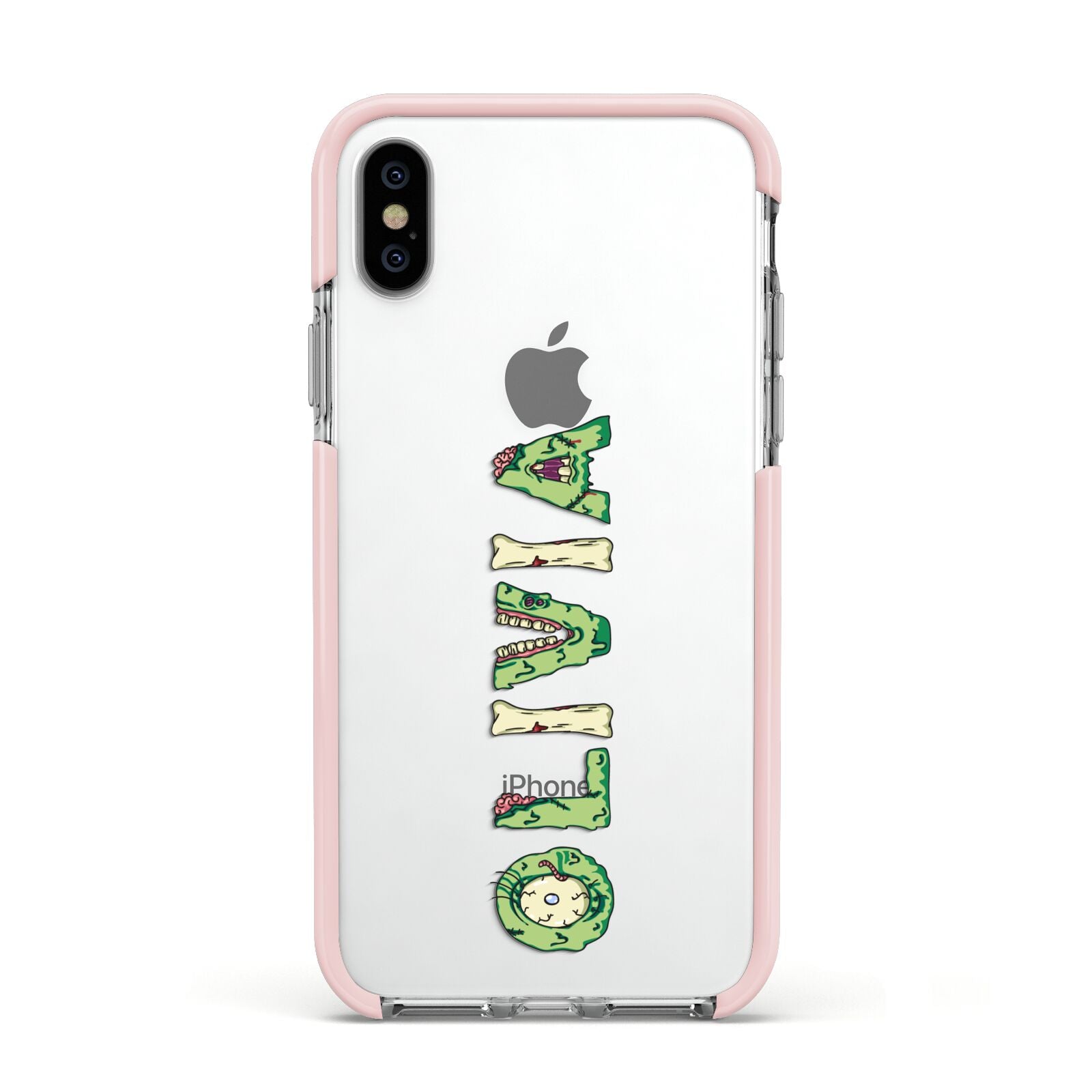 Customised Name Zombie Apple iPhone Xs Impact Case Pink Edge on Silver Phone