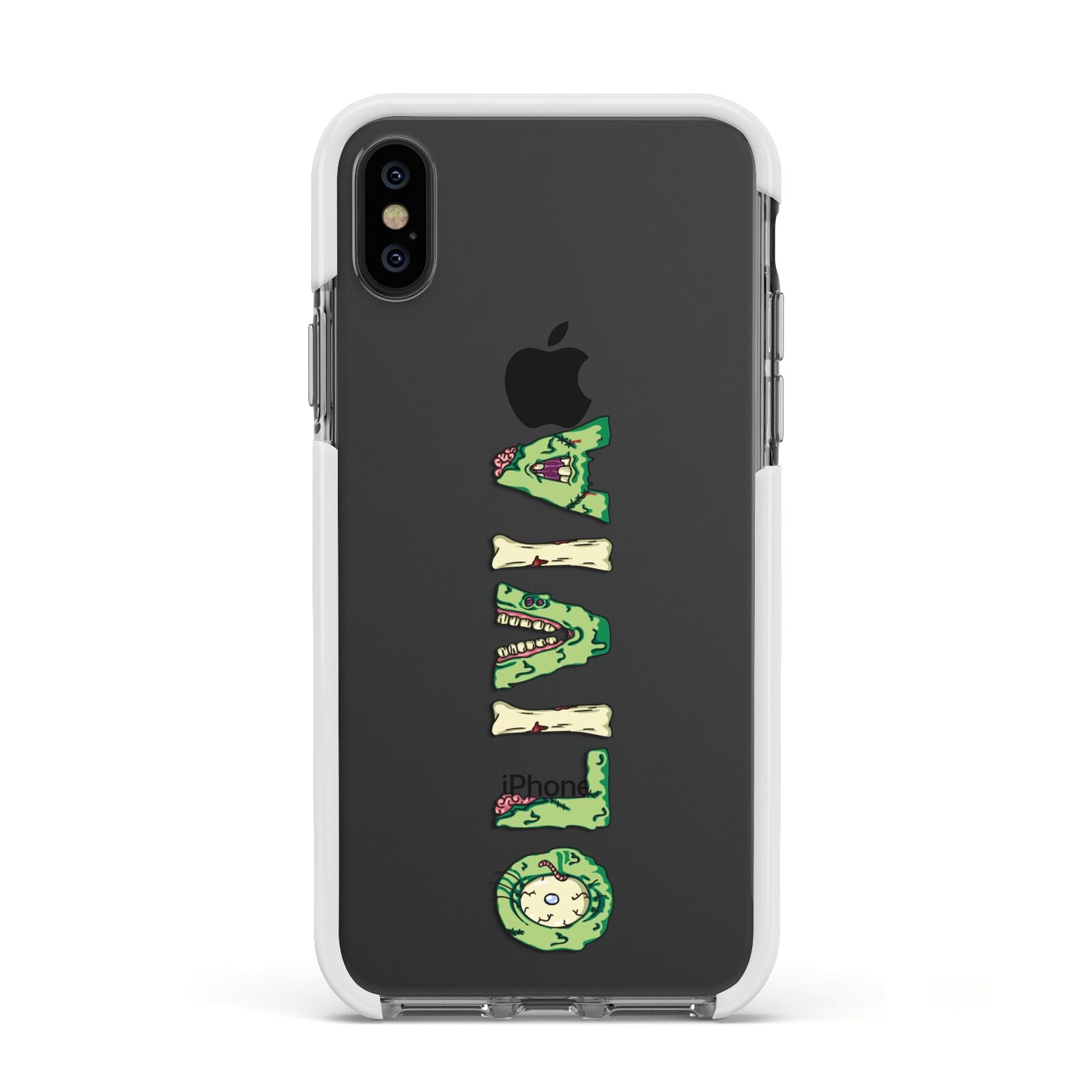 Customised Name Zombie Apple iPhone Xs Impact Case White Edge on Black Phone
