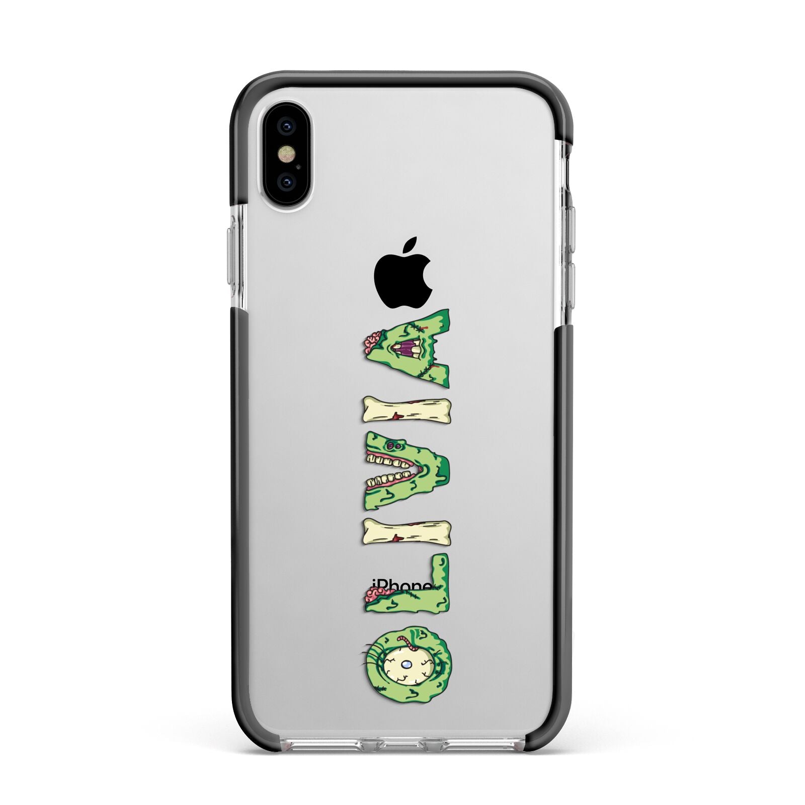 Customised Name Zombie Apple iPhone Xs Max Impact Case Black Edge on Silver Phone