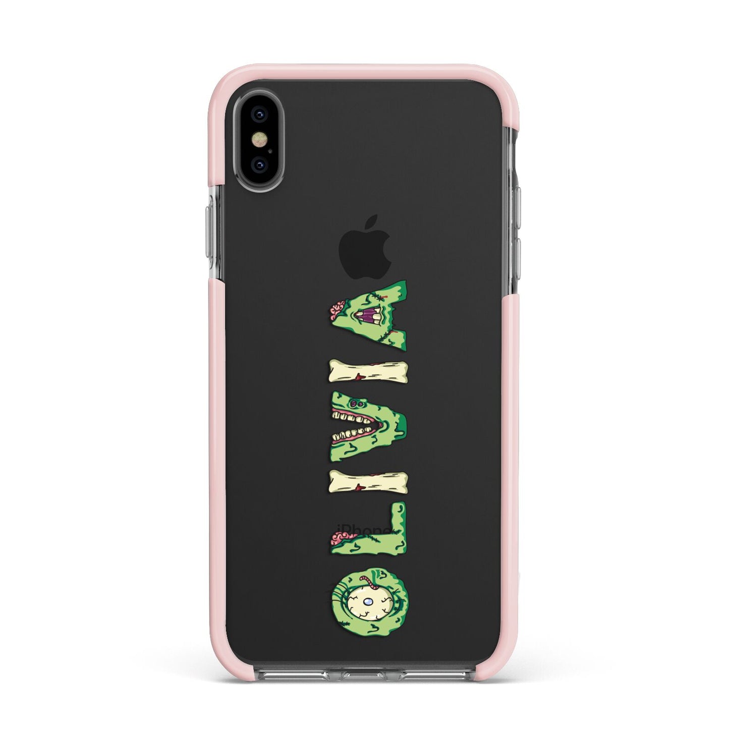 Customised Name Zombie Apple iPhone Xs Max Impact Case Pink Edge on Black Phone