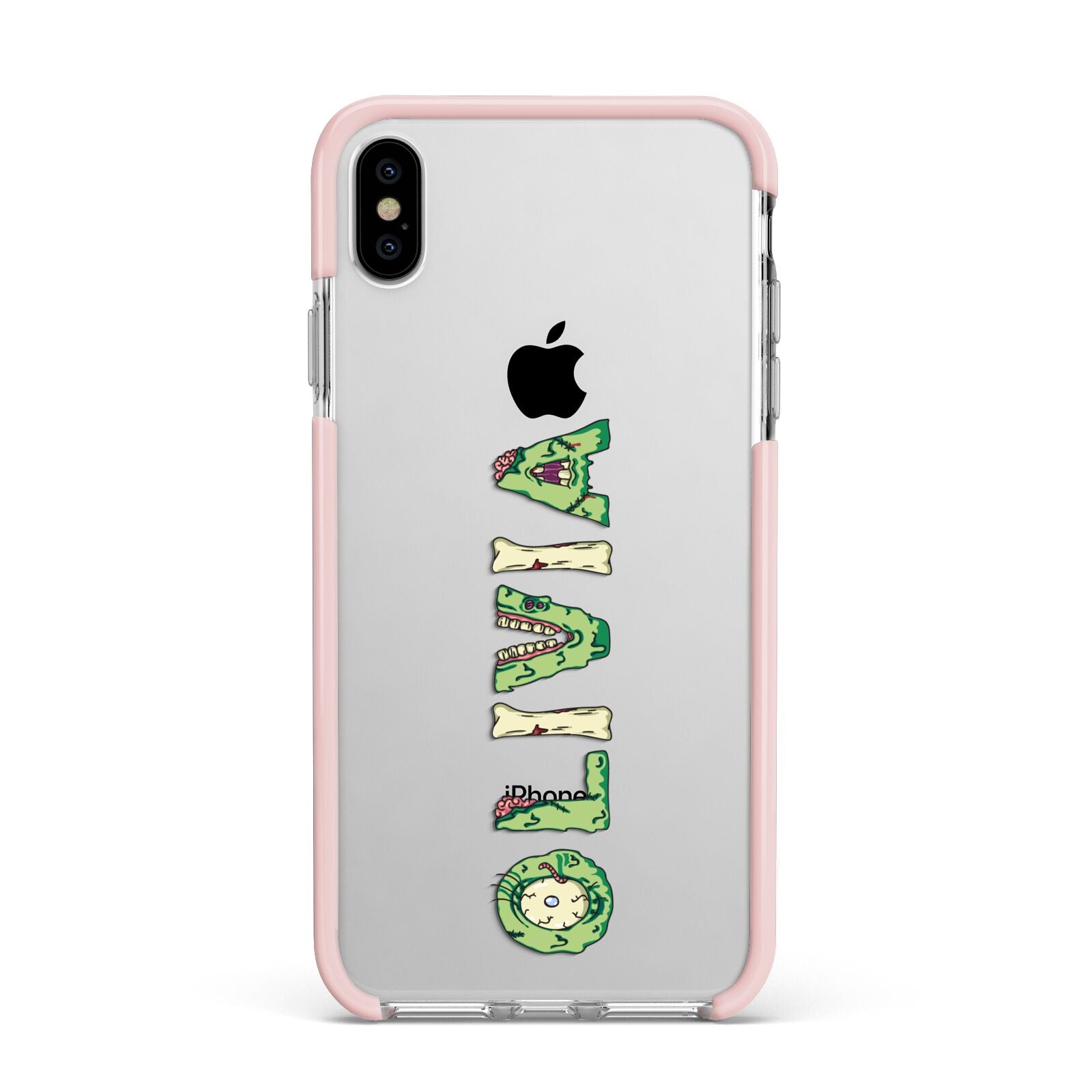 Customised Name Zombie Apple iPhone Xs Max Impact Case Pink Edge on Silver Phone