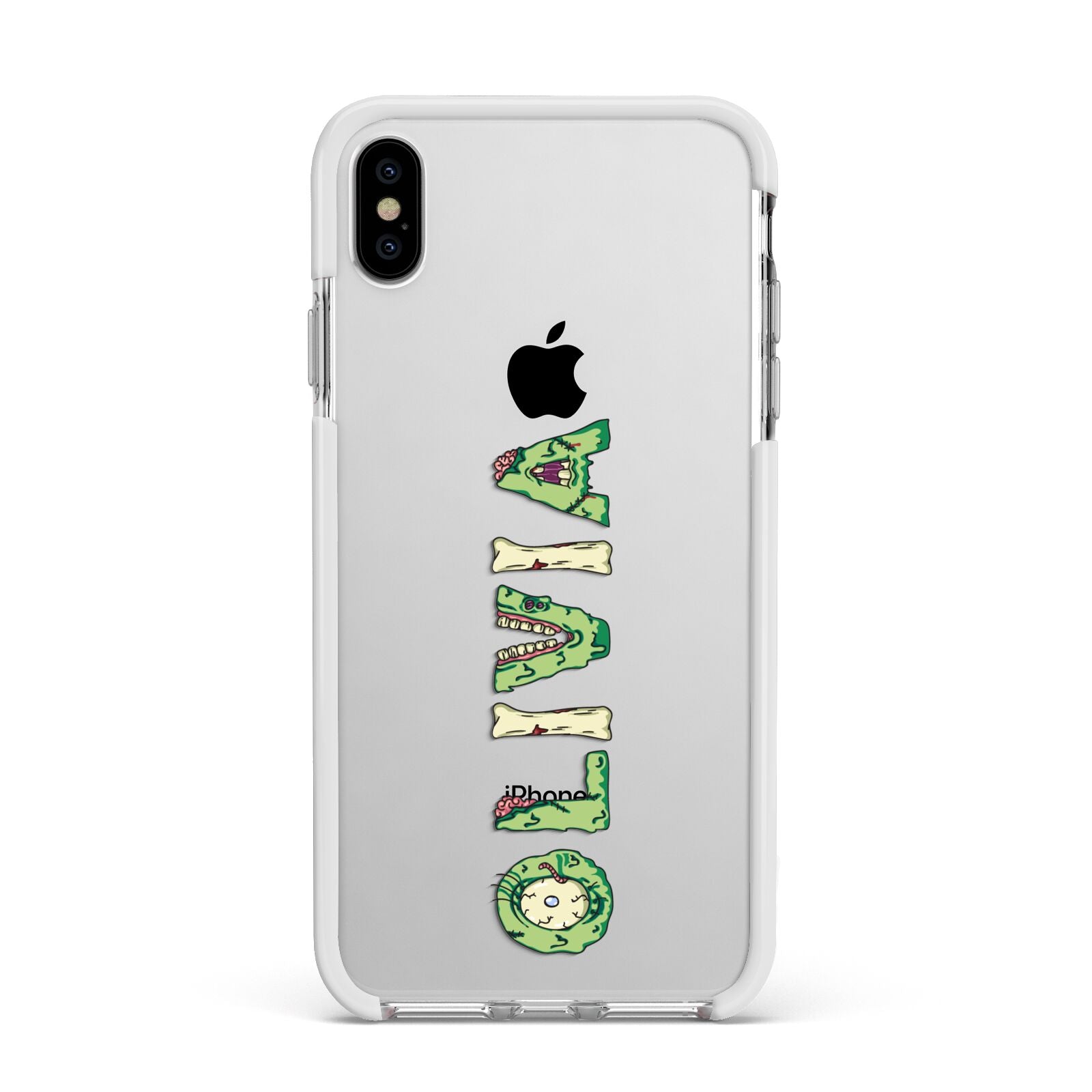 Customised Name Zombie Apple iPhone Xs Max Impact Case White Edge on Silver Phone