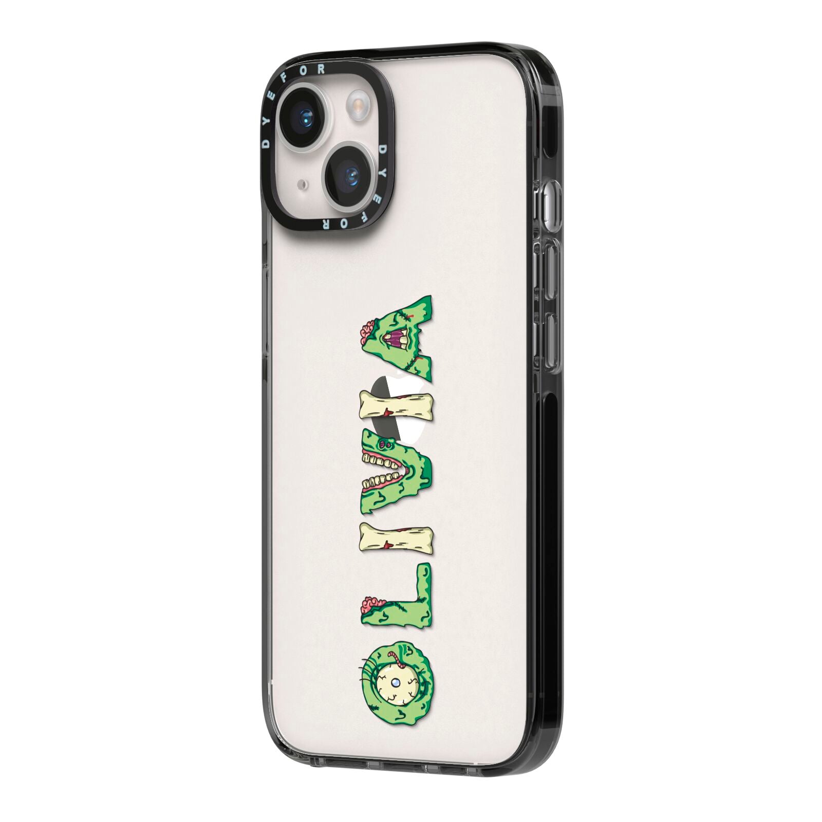 Customised Name Zombie iPhone 14 Black Impact Case Side Angle on Silver phone