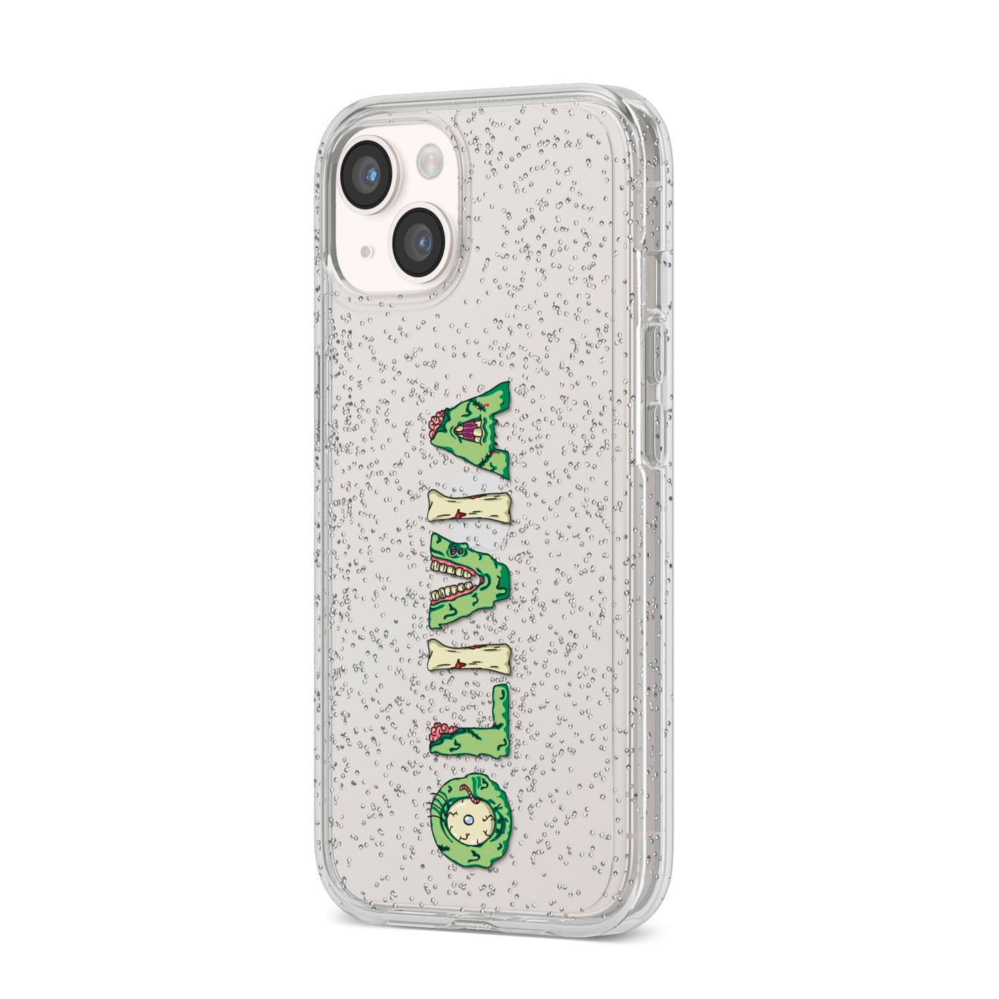 Customised Name Zombie iPhone 14 Glitter Tough Case Starlight Angled Image