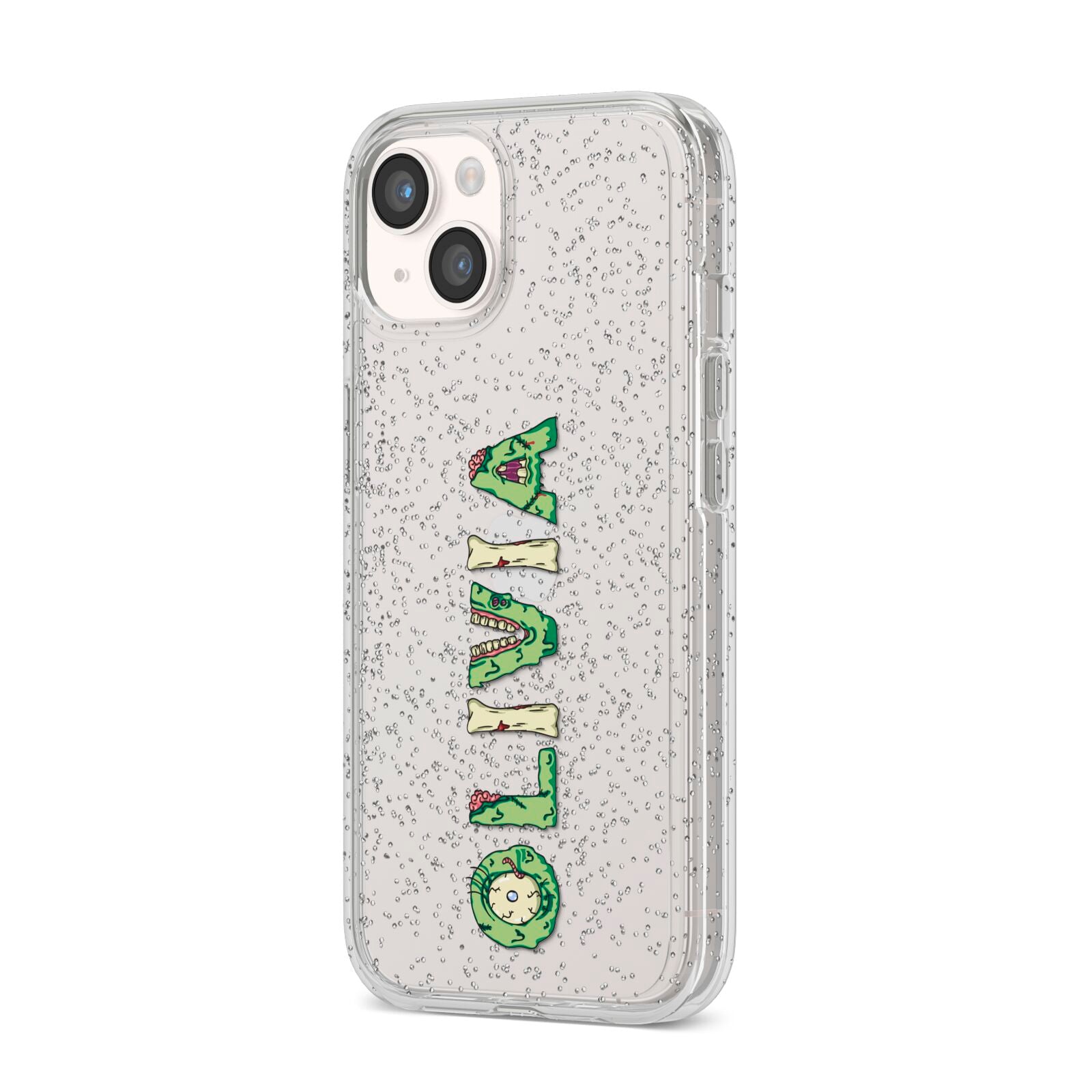 Customised Name Zombie iPhone 14 Glitter Tough Case Starlight Angled Image