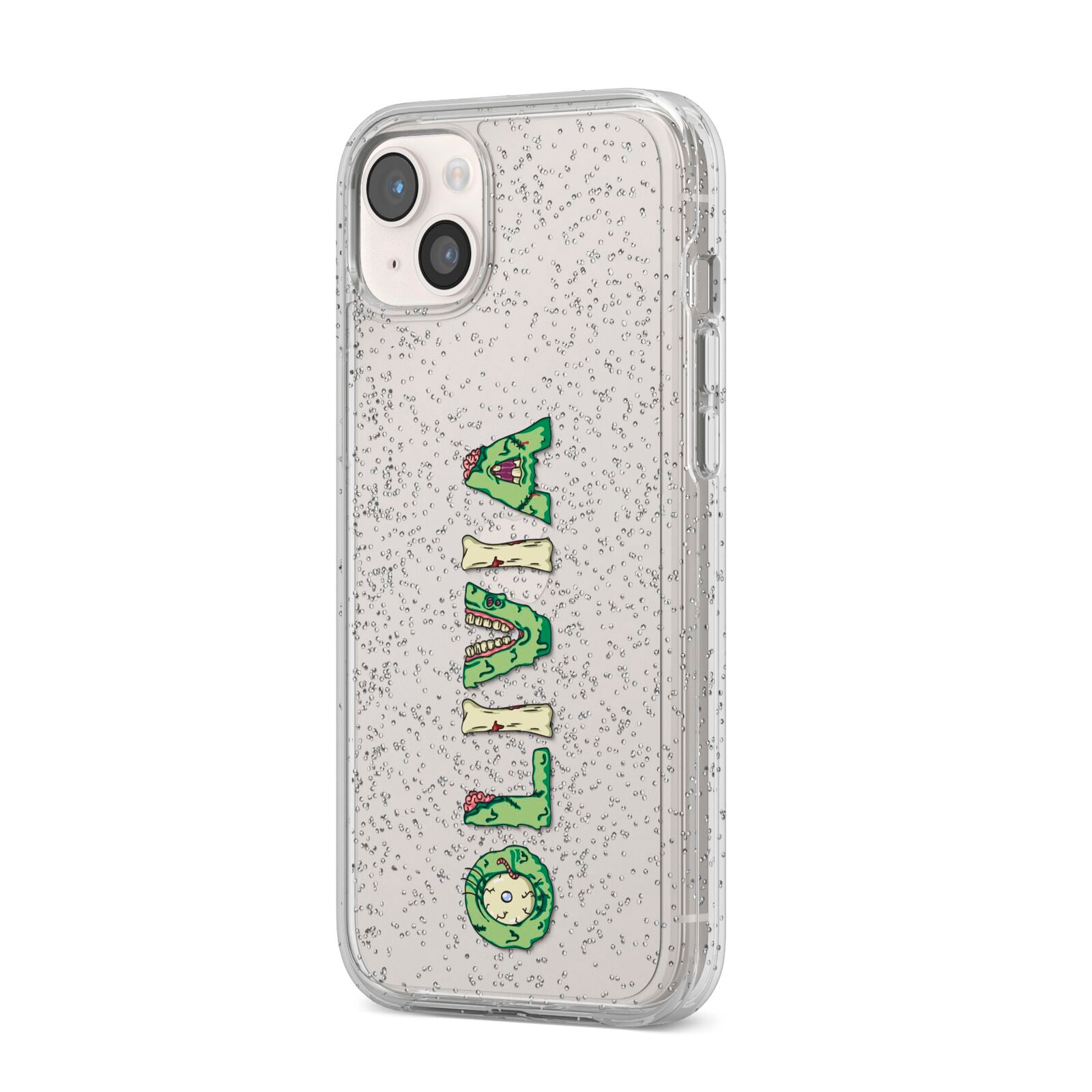Customised Name Zombie iPhone 14 Plus Glitter Tough Case Starlight Angled Image