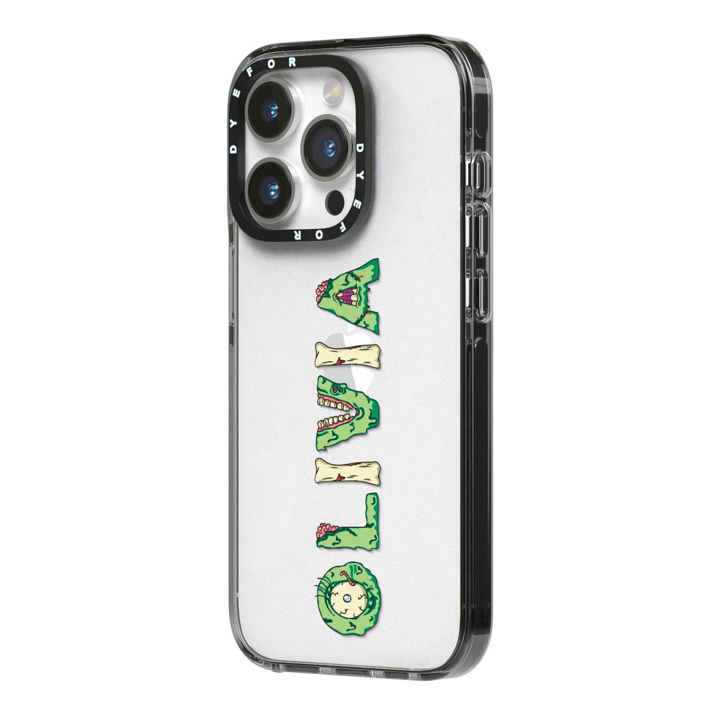 Customised Name Zombie iPhone 14 Pro Black Impact Case Side Angle on Silver phone
