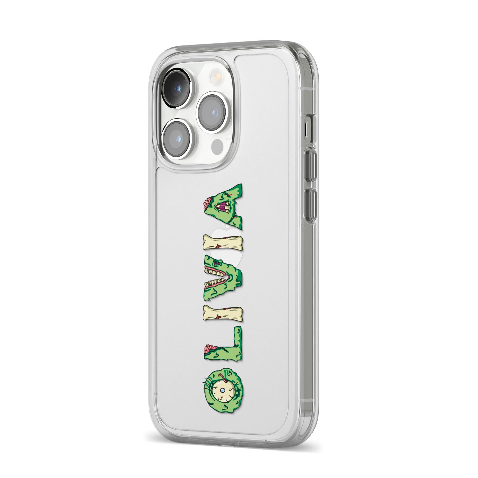 Customised Name Zombie iPhone 14 Pro Clear Tough Case Silver Angled Image