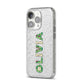 Customised Name Zombie iPhone 14 Pro Glitter Tough Case Silver Angled Image