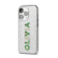 Customised Name Zombie iPhone 14 Pro Glitter Tough Case Silver Angled Image