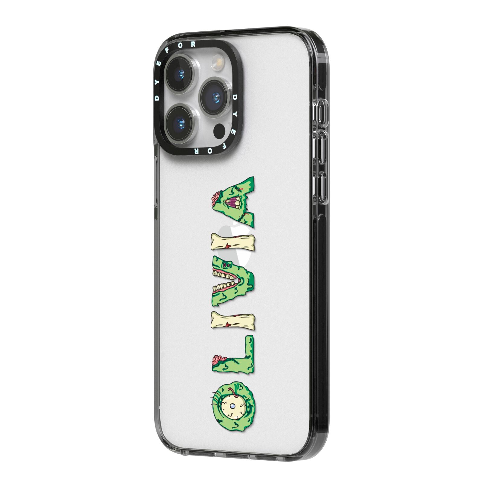 Customised Name Zombie iPhone 14 Pro Max Black Impact Case Side Angle on Silver phone