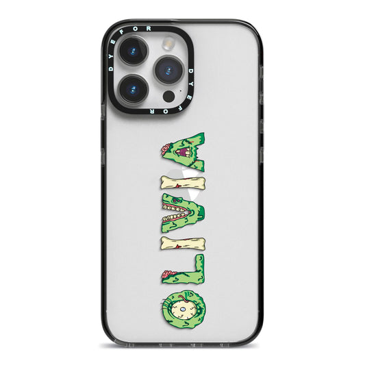 Customised Name Zombie iPhone 14 Pro Max Black Impact Case on Silver phone