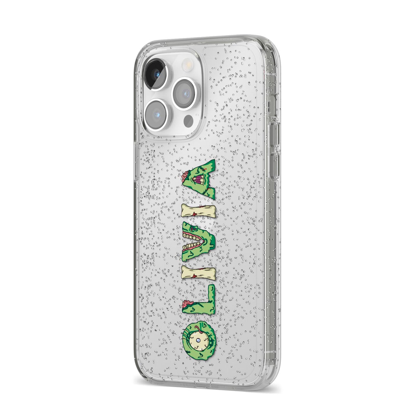 Customised Name Zombie iPhone 14 Pro Max Glitter Tough Case Silver Angled Image