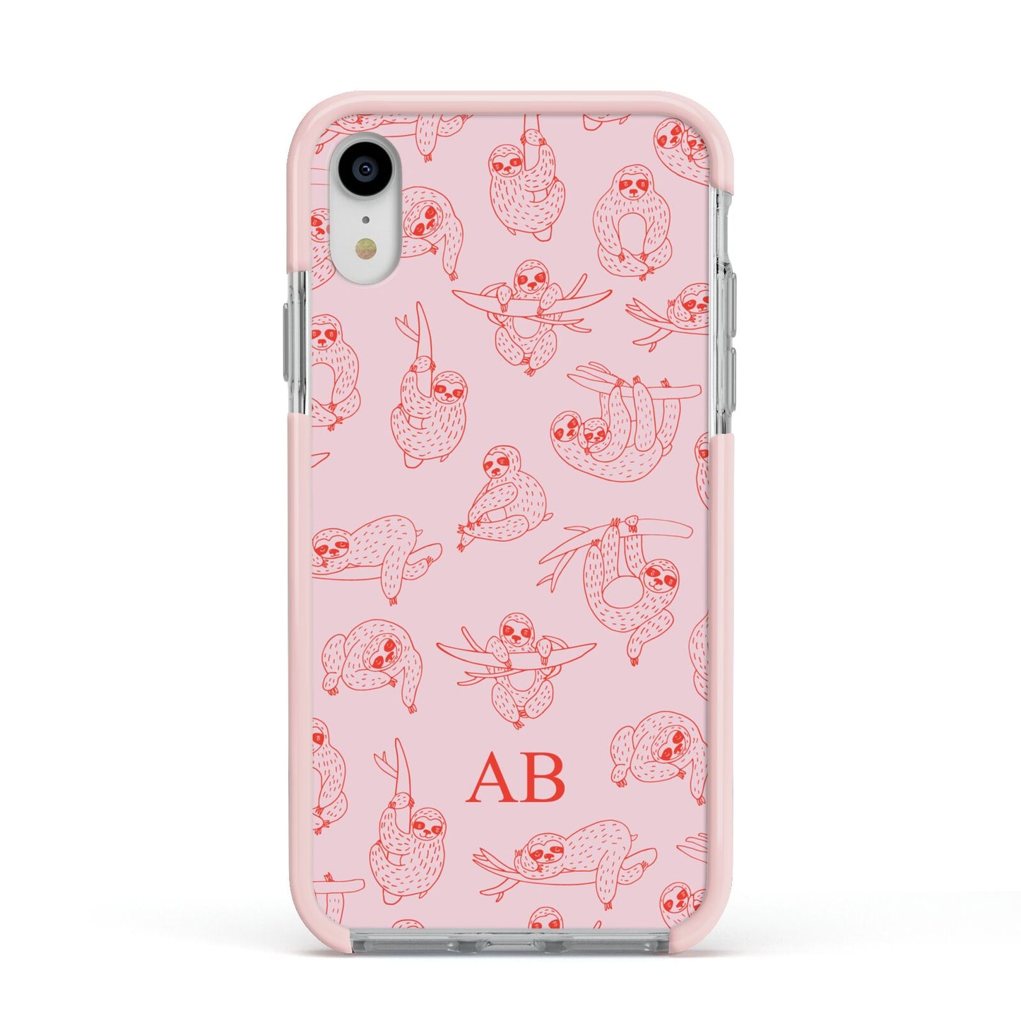 Customised Sloth Apple iPhone XR Impact Case Pink Edge on Silver Phone