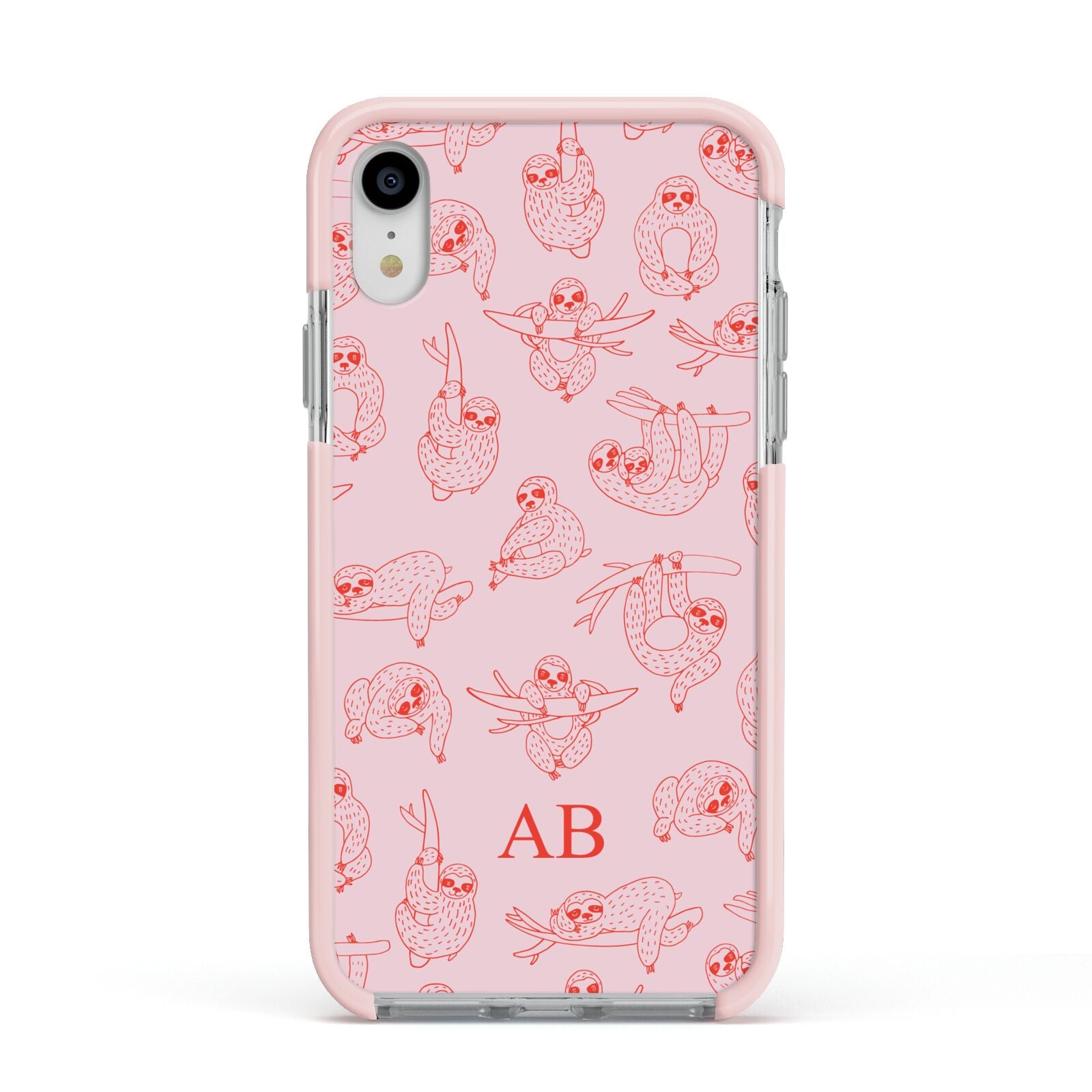 Customised Sloth Apple iPhone XR Impact Case Pink Edge on Silver Phone
