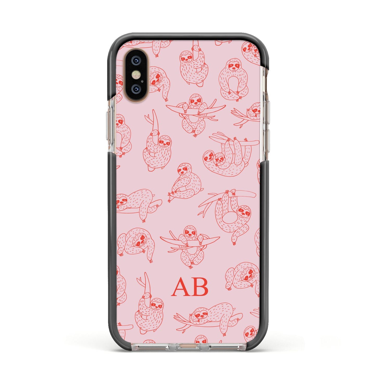 Customised Sloth Apple iPhone Xs Impact Case Black Edge on Gold Phone