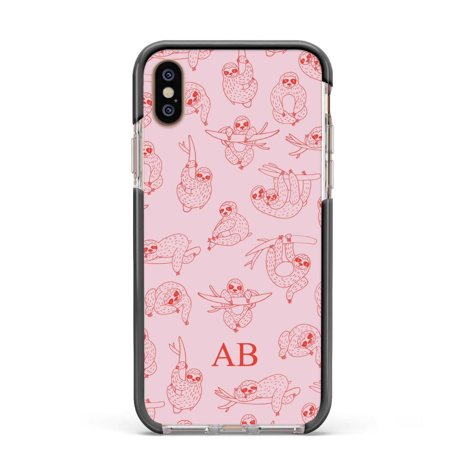 Customised Sloth Apple iPhone Xs Impact Case Black Edge on Gold Phone