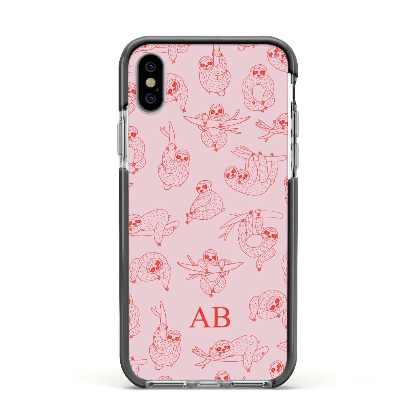 Customised Sloth Apple iPhone Xs Impact Case Black Edge on Silver Phone