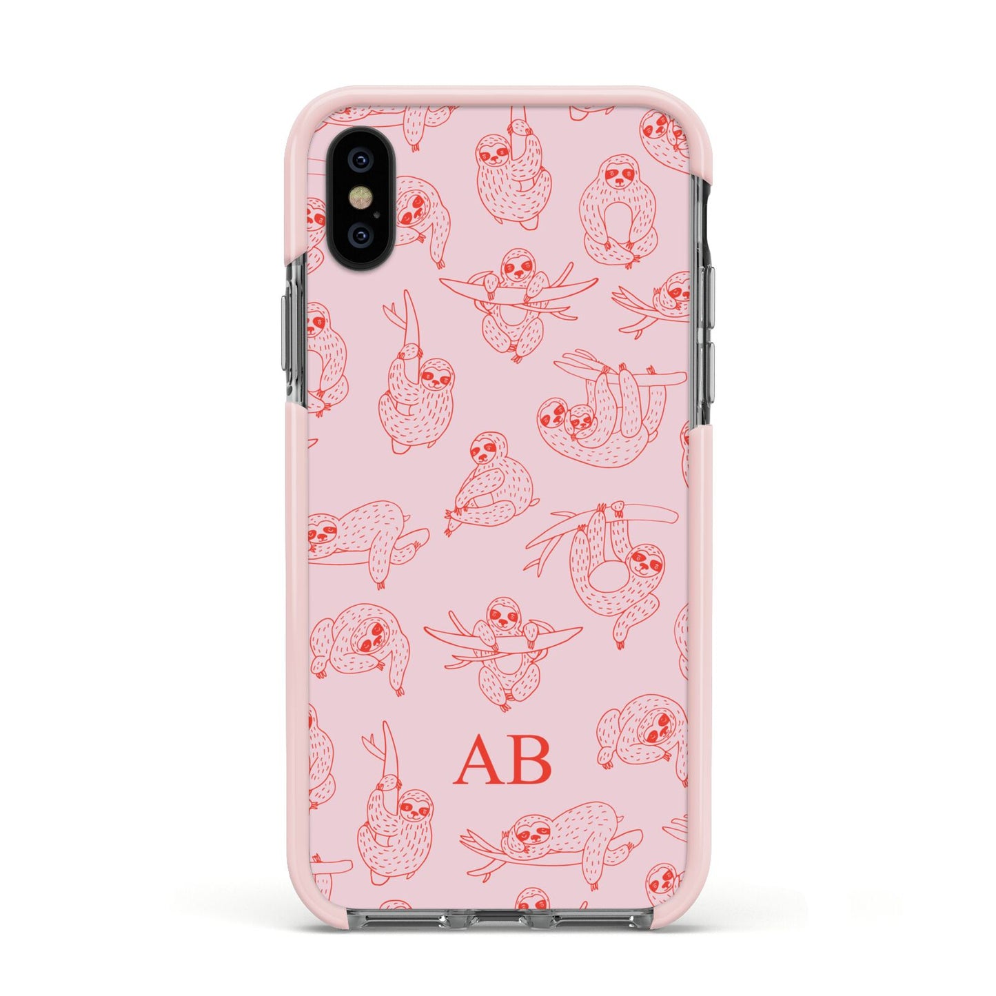 Customised Sloth Apple iPhone Xs Impact Case Pink Edge on Black Phone