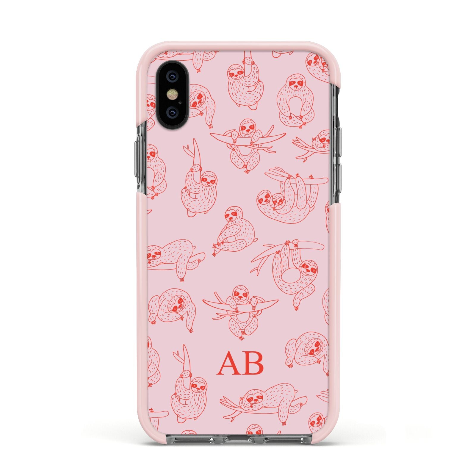 Customised Sloth Apple iPhone Xs Impact Case Pink Edge on Black Phone