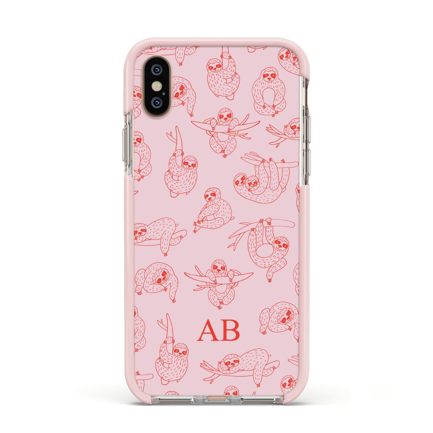 Customised Sloth Apple iPhone Xs Impact Case Pink Edge on Gold Phone
