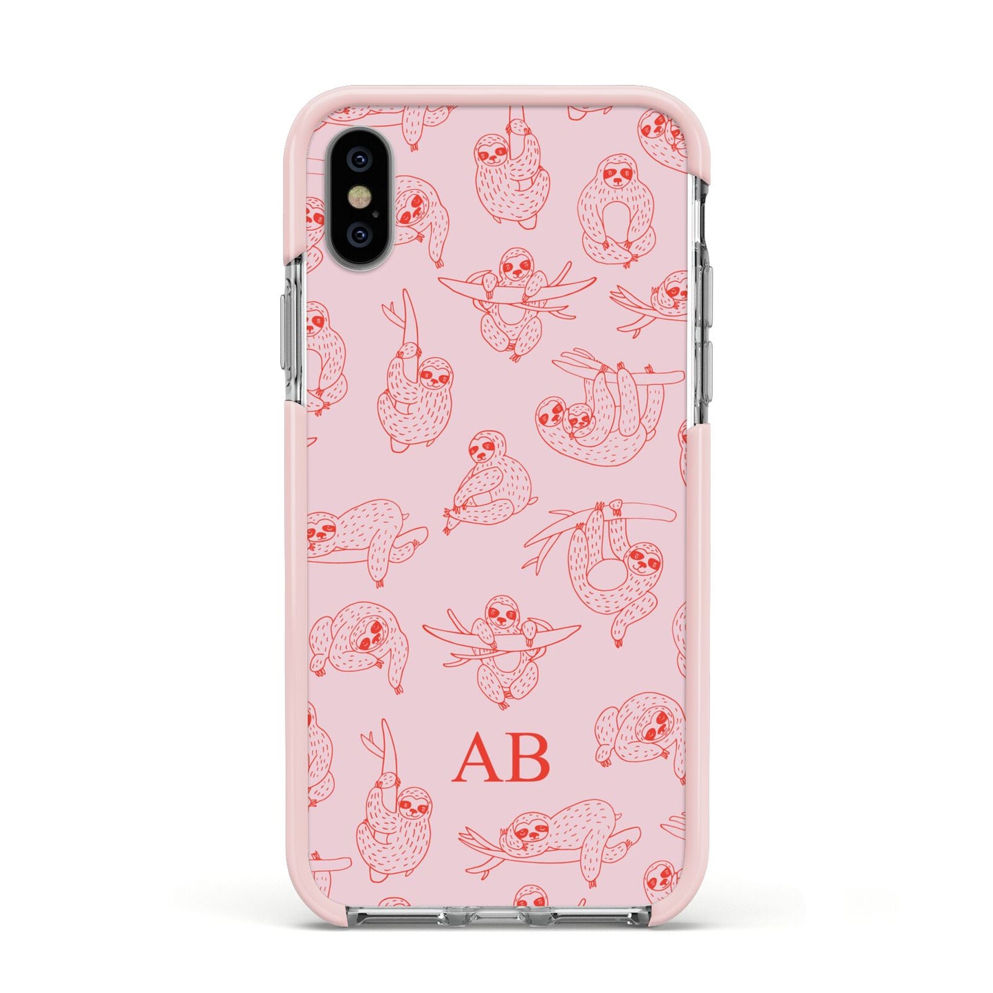 Customised Sloth Apple iPhone Xs Impact Case Pink Edge on Silver Phone
