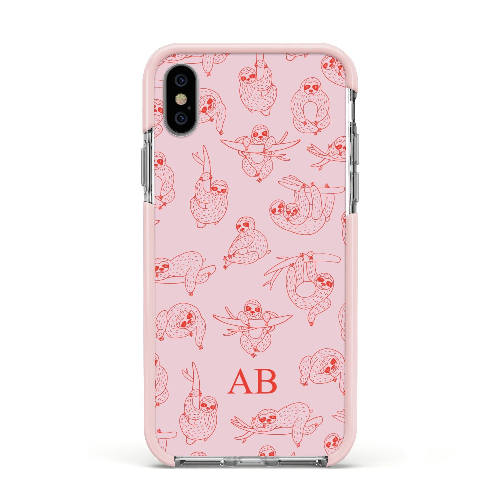 Customised Sloth Apple iPhone Xs Impact Case Pink Edge on Silver Phone