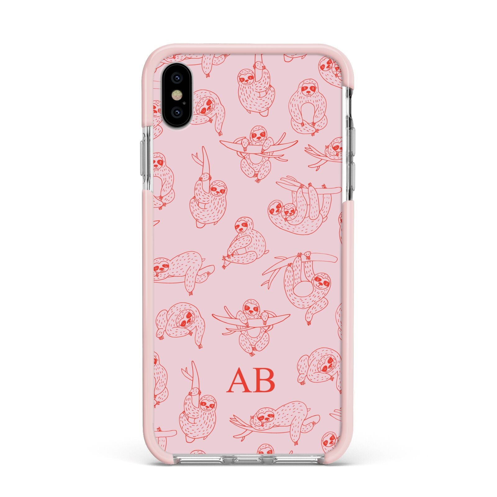 Customised Sloth Apple iPhone Xs Max Impact Case Pink Edge on Silver Phone