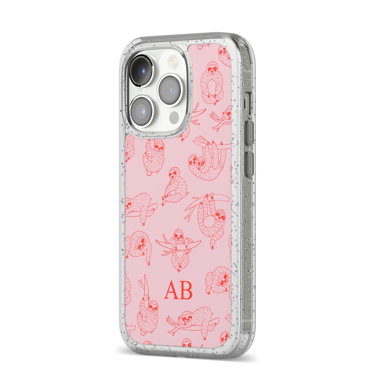Customised Sloth iPhone 14 Pro Glitter Tough Case Silver Angled Image
