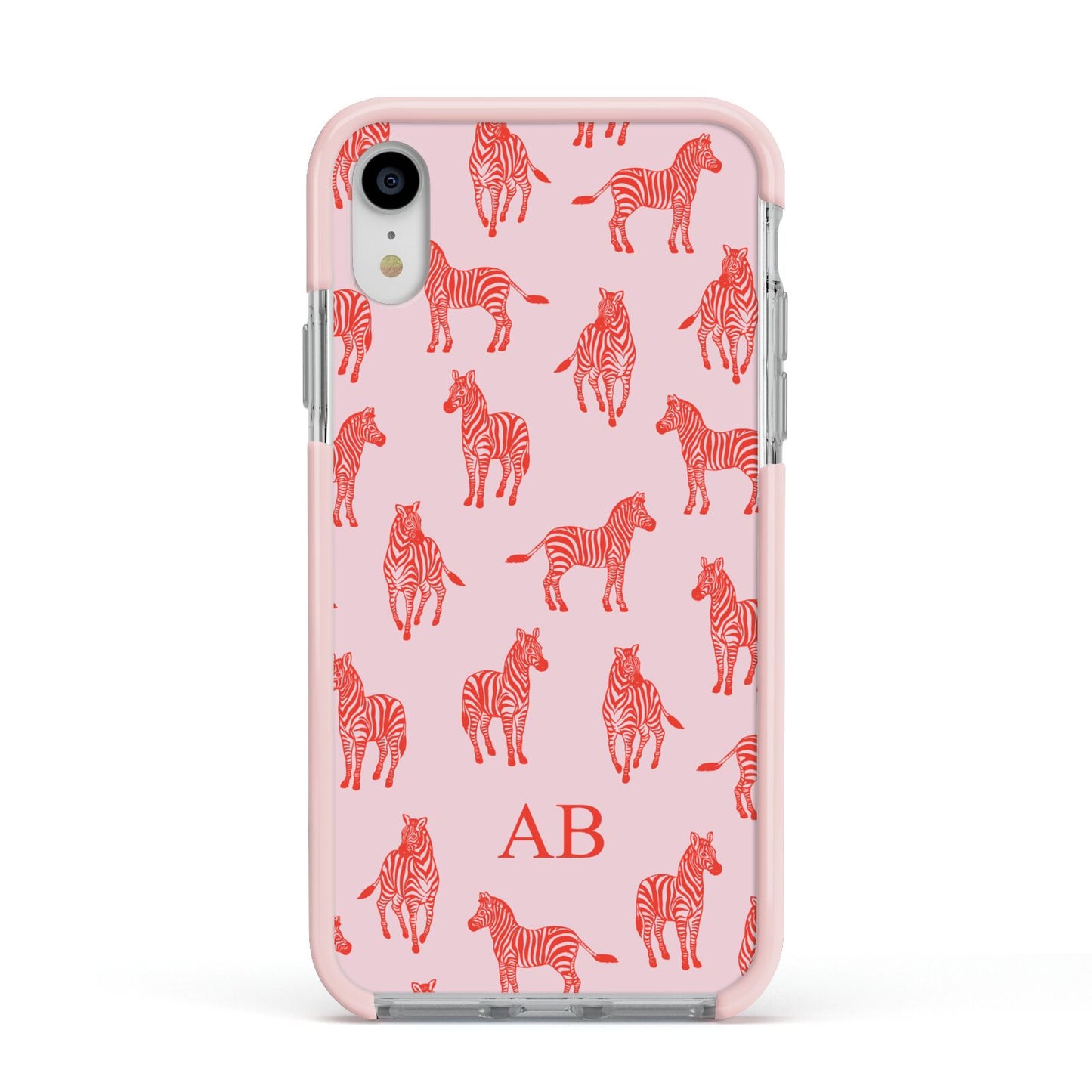 Customised Zebra Apple iPhone XR Impact Case Pink Edge on Silver Phone