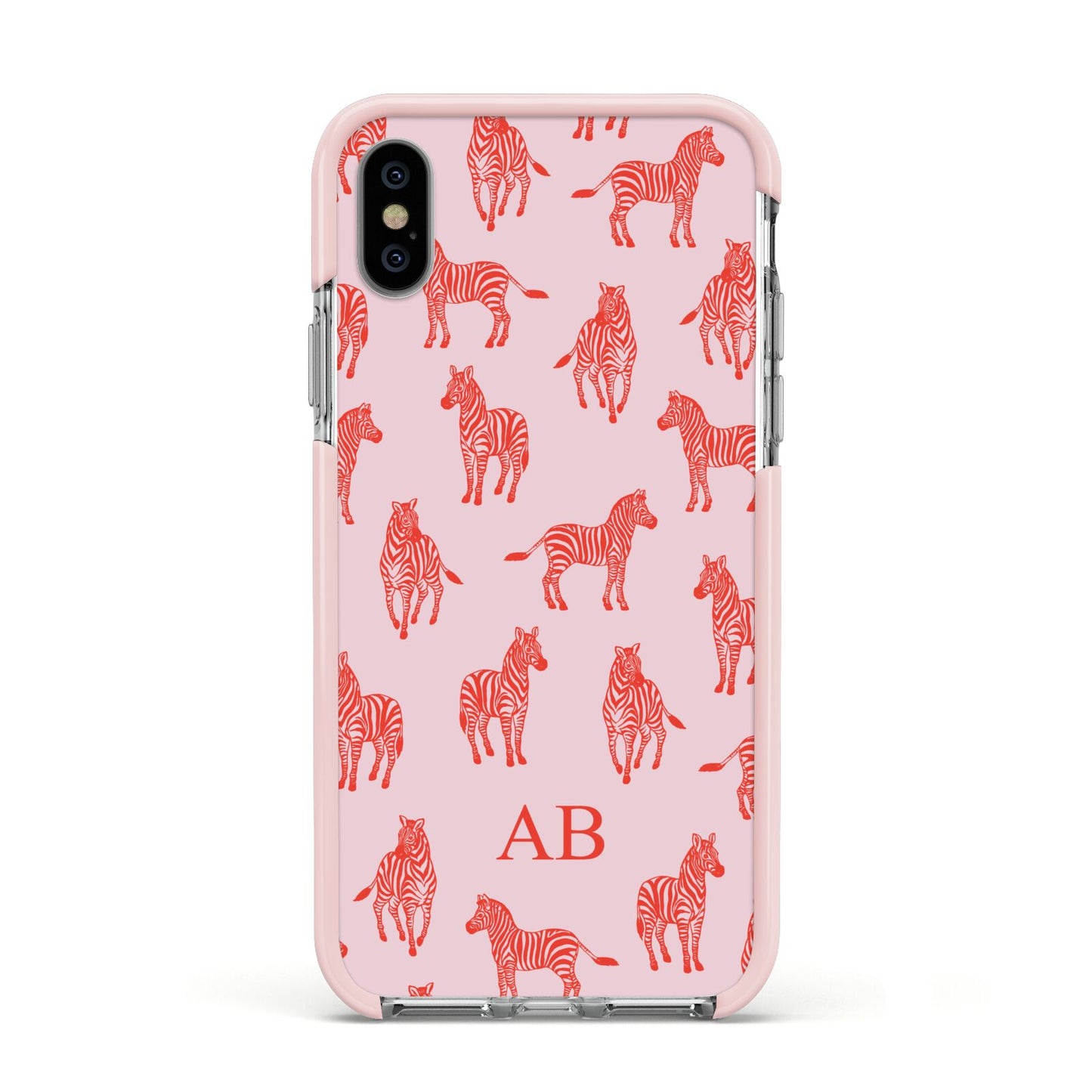 Customised Zebra Apple iPhone Xs Impact Case Pink Edge on Silver Phone