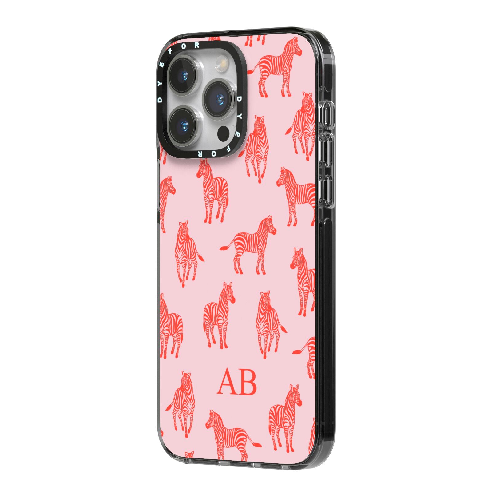 Customised Zebra iPhone 14 Pro Max Black Impact Case Side Angle on Silver phone