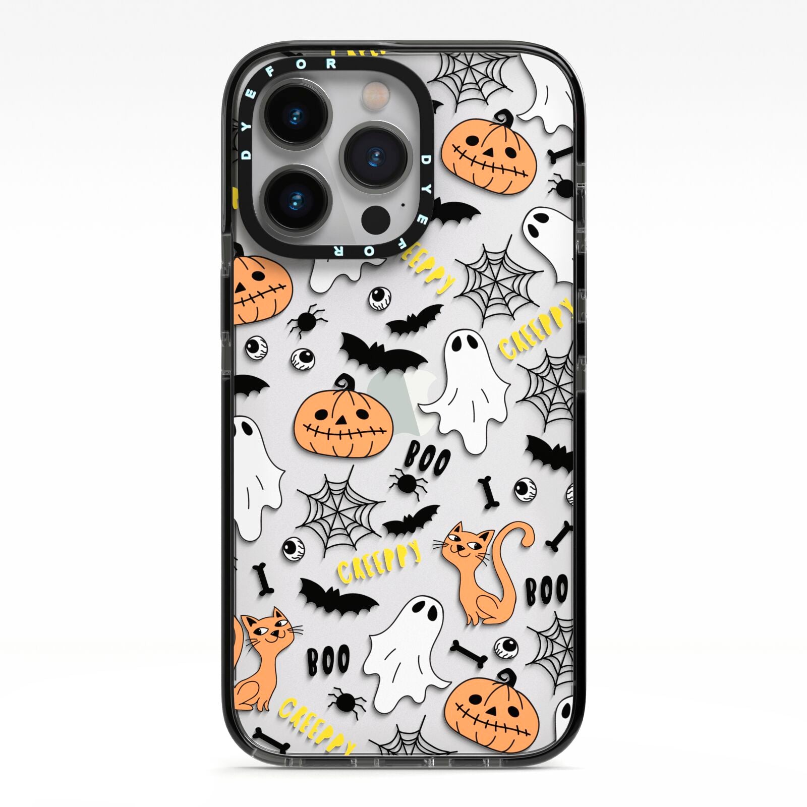 Cute Colourful Halloween iPhone 13 Pro Black Impact Case on Silver phone