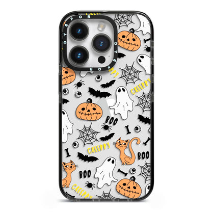 Cute Colourful Halloween iPhone 14 Pro Black Impact Case on Silver phone