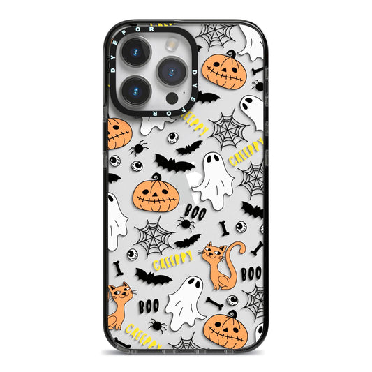 Cute Colourful Halloween iPhone 14 Pro Max Black Impact Case on Silver phone