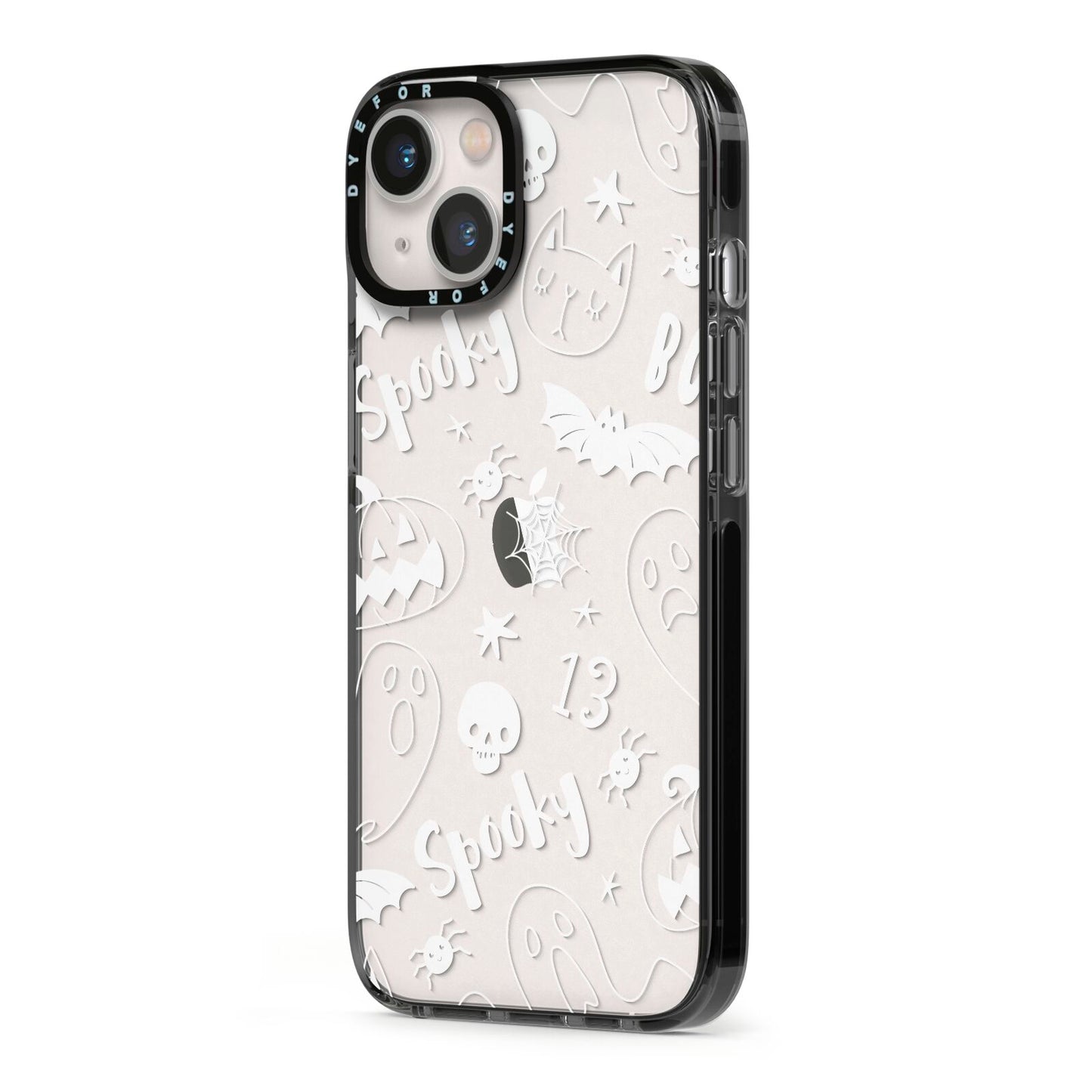 Cute Grey Halloween iPhone 13 Black Impact Case Side Angle on Silver phone