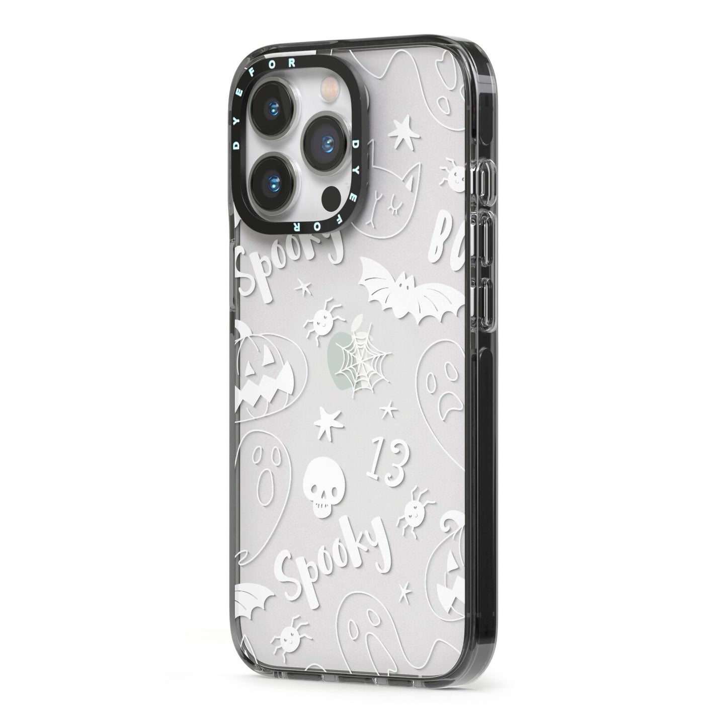 Cute Grey Halloween iPhone 13 Pro Black Impact Case Side Angle on Silver phone