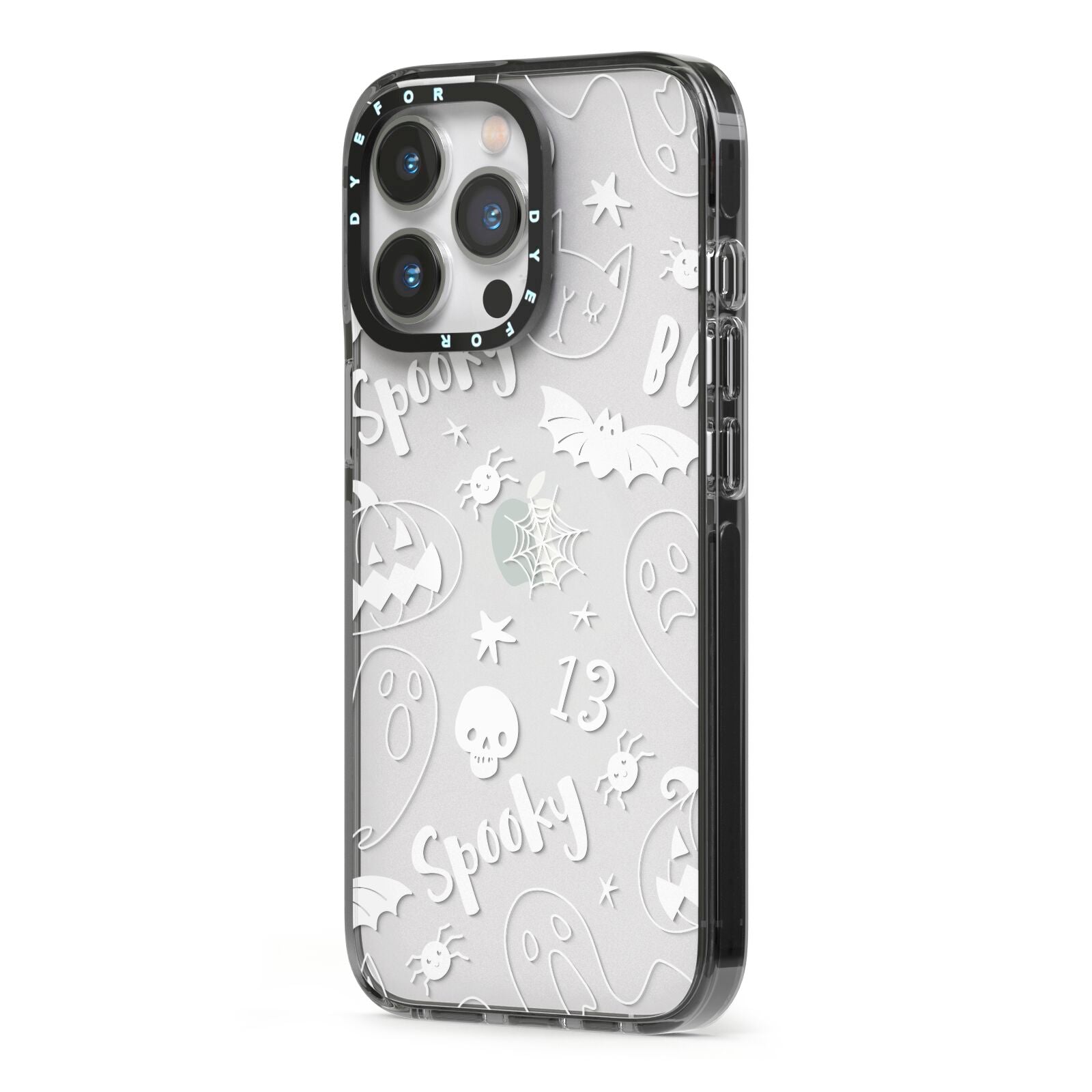Cute Grey Halloween iPhone 13 Pro Black Impact Case Side Angle on Silver phone