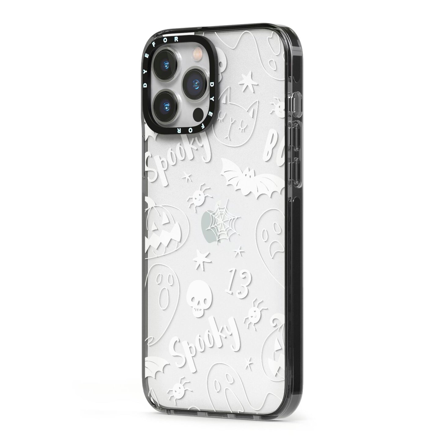 Cute Grey Halloween iPhone 13 Pro Max Black Impact Case Side Angle on Silver phone