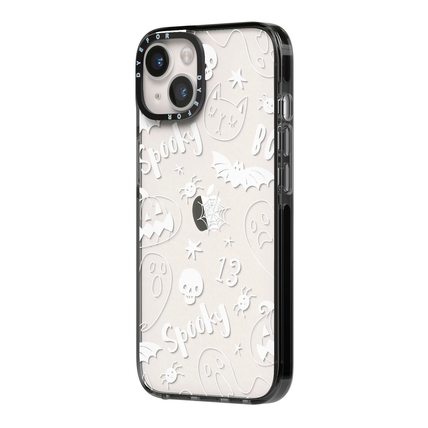 Cute Grey Halloween iPhone 14 Black Impact Case Side Angle on Silver phone