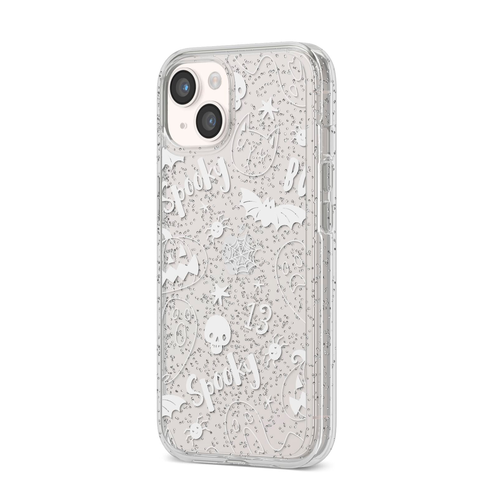Cute Grey Halloween iPhone 14 Glitter Tough Case Starlight Angled Image