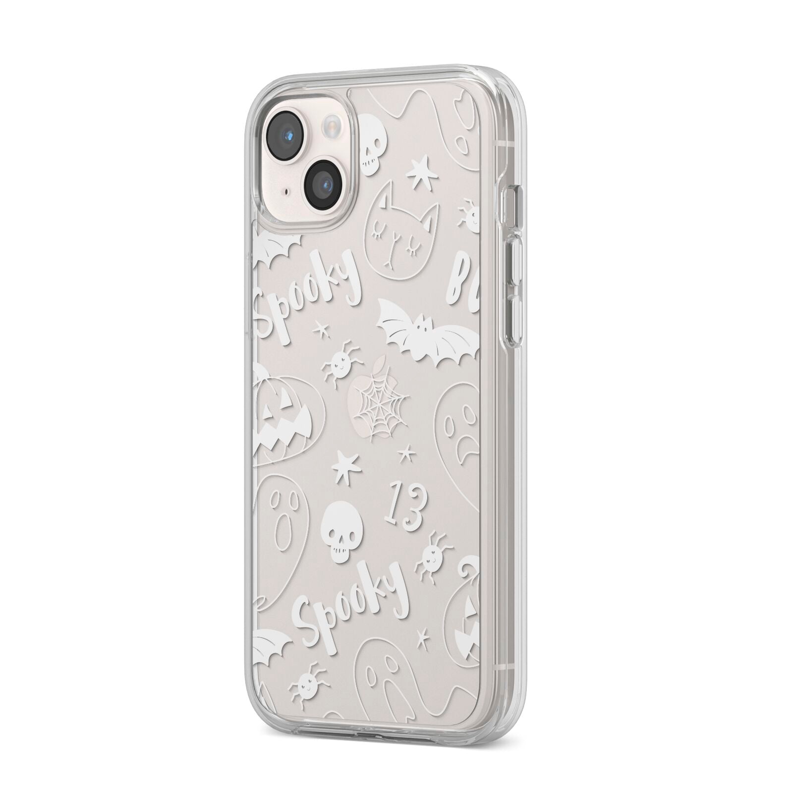 Cute Grey Halloween iPhone 14 Plus Clear Tough Case Starlight Angled Image