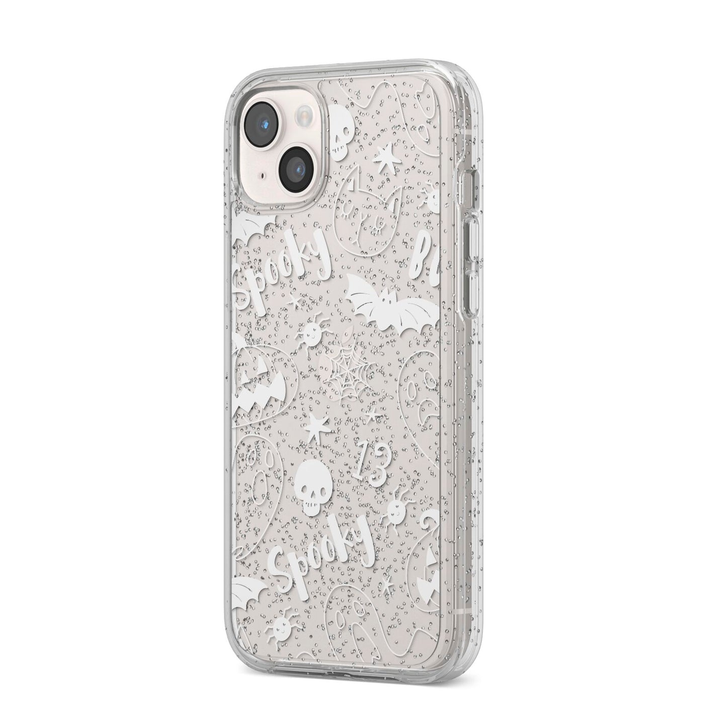 Cute Grey Halloween iPhone 14 Plus Glitter Tough Case Starlight Angled Image