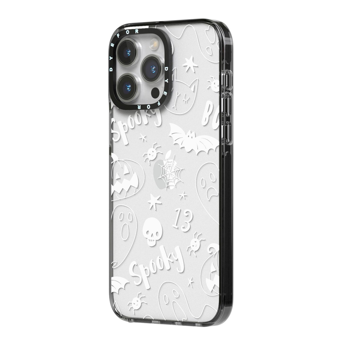 Cute Grey Halloween iPhone 14 Pro Max Black Impact Case Side Angle on Silver phone