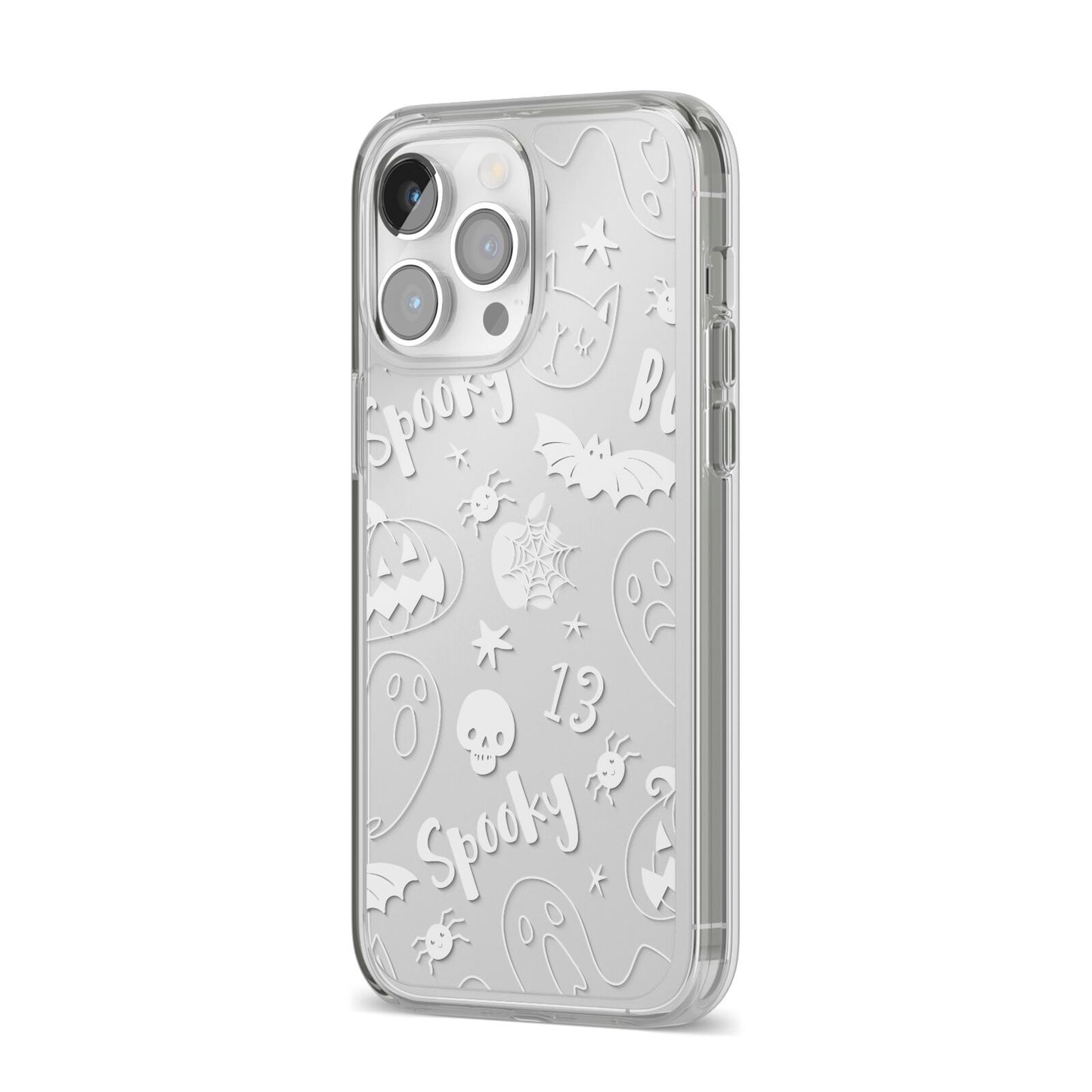 Cute Grey Halloween iPhone 14 Pro Max Clear Tough Case Silver Angled Image