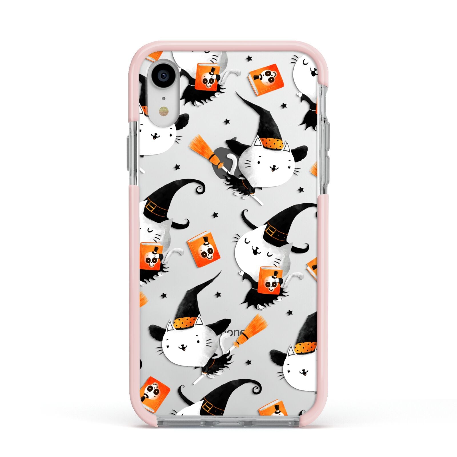 Cute Halloween Cats Apple iPhone XR Impact Case Pink Edge on Silver Phone